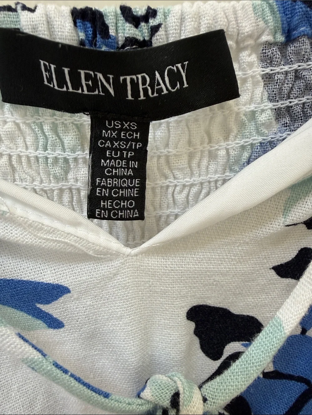 Ellen Tracy White Dress with Blue and Black Floral Print